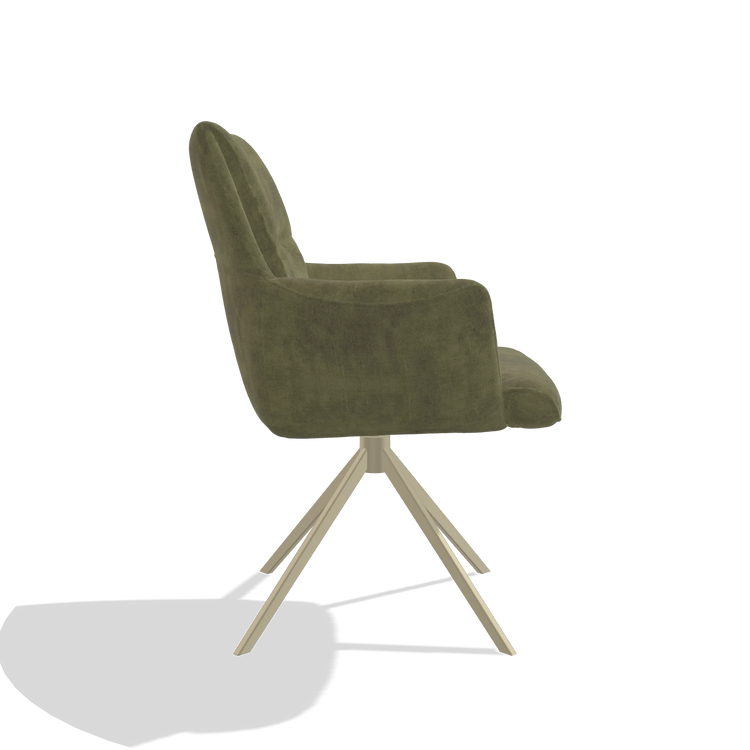 Dining Chair with Armrests Flavia 6694 in Adore 59 fabric (olive), champagne swivel base, side view