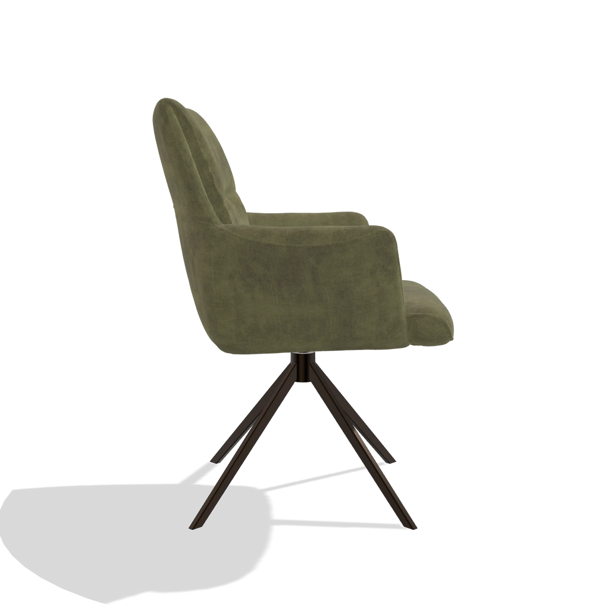 Dining Chair with Armrests Flavia 6694 in Adore 59 fabric (olive), espresso swivel base, side view