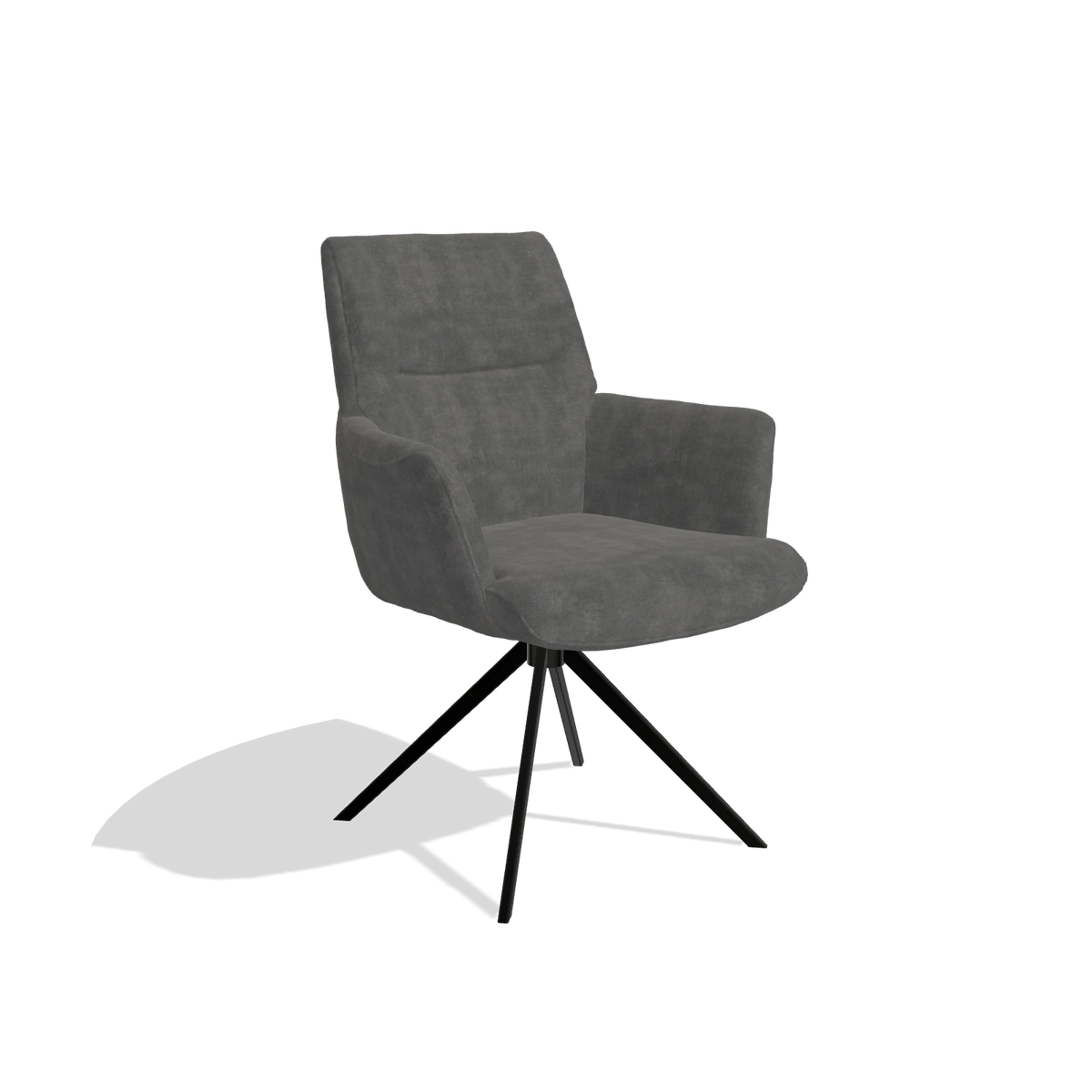 Dining Chair with Armrests Flavia 6694 in Adore 68 fabric (dark grey), black swivel base, angled view