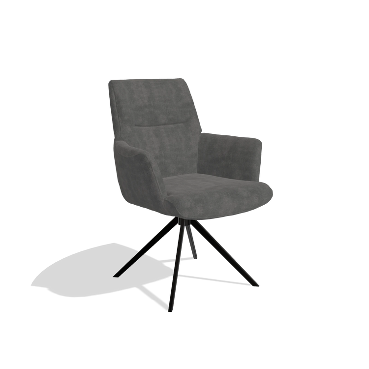 Dining Chair with Armrests Flavia 6694 in Adore 68 fabric (dark grey), black swivel base, angled view