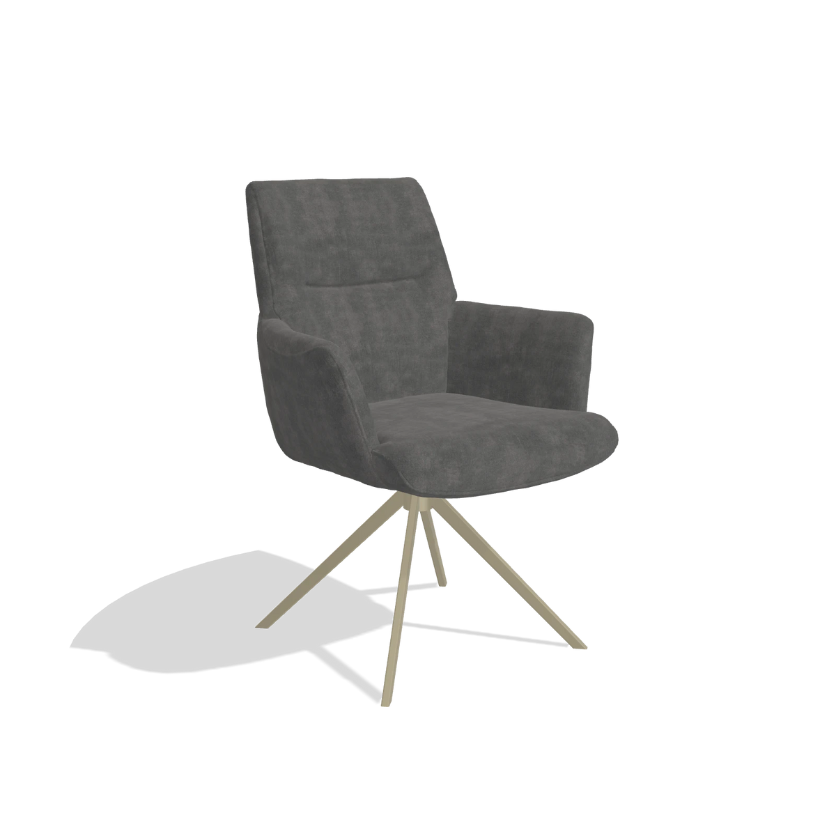 Dining Chair with Armrests Flavia 6694 in Adore 68 fabric (dark grey), champagne swivel base, angled view