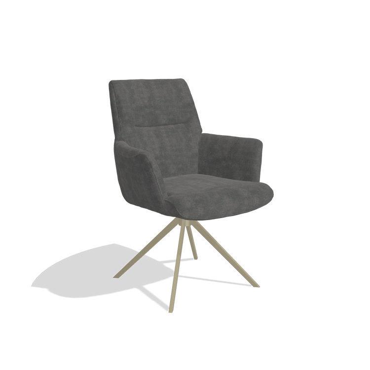 Dining Chair with Armrests Flavia 6694 in Adore 68 fabric (dark grey), champagne swivel base, angled view