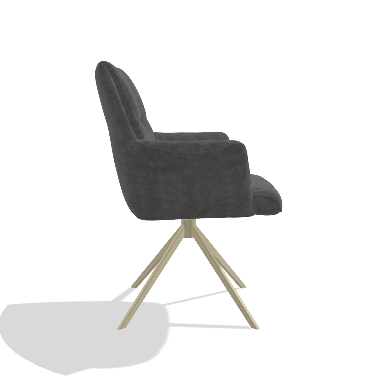 Dining Chair with Armrests Flavia 6694 in Adore 68 fabric (dark grey), champagne swivel base, side view