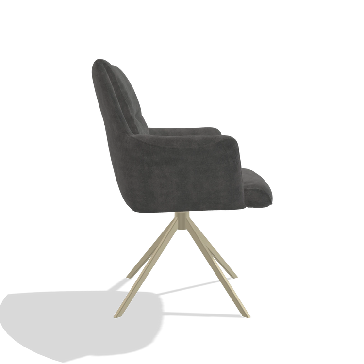 Dining Chair with Armrests Flavia 6694 in Adore 68 fabric (dark grey), champagne swivel base, side view