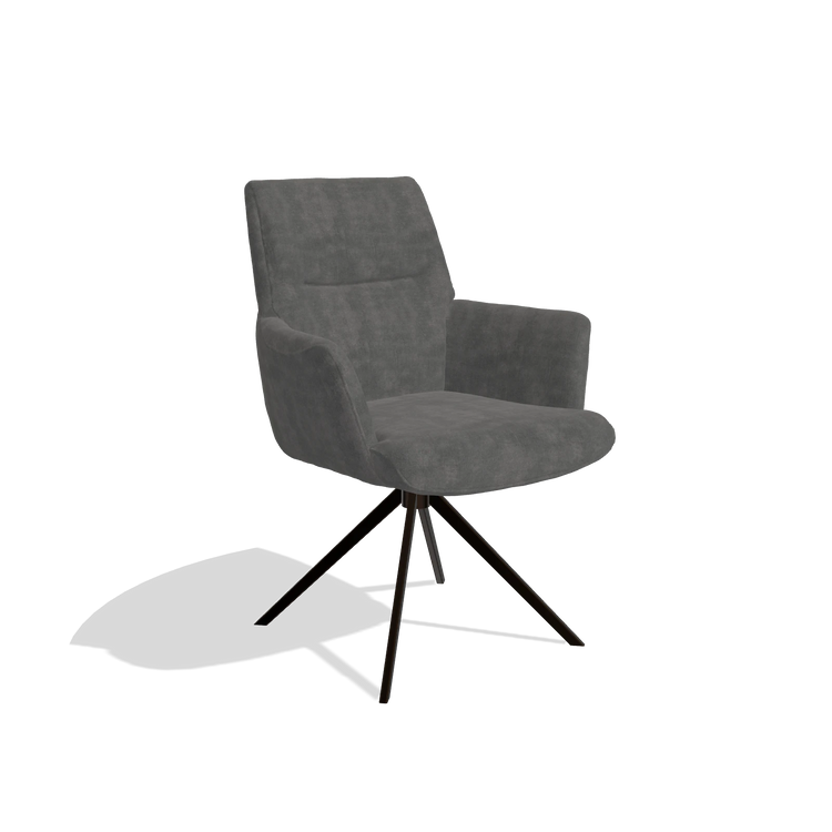 Dining Chair with Armrests Flavia 6694 in Adore 68 fabric (dark grey), espresso swivel base, angled view