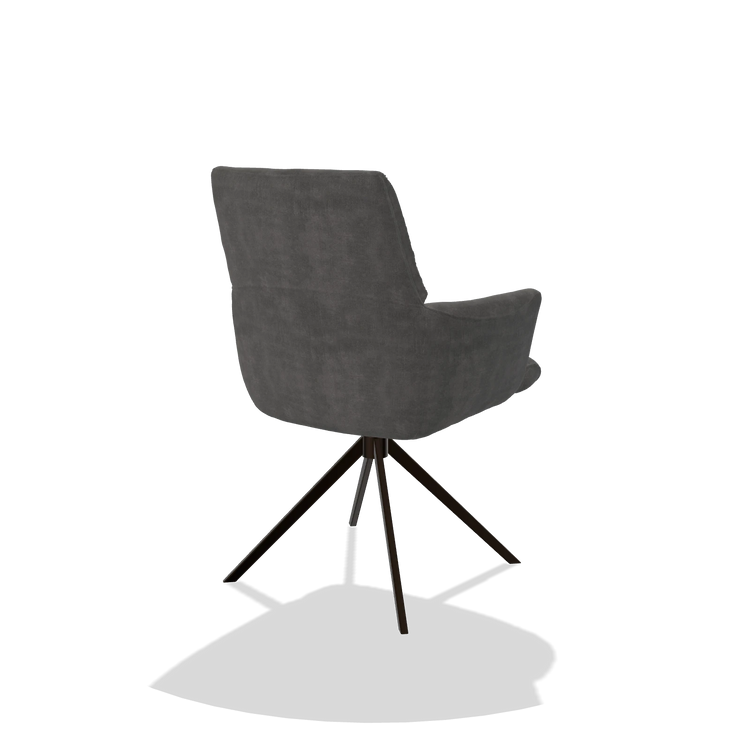 Dining Chair with Armrests Flavia 6694 in Adore 68 fabric (dark grey), espresso swivel base, back angled view