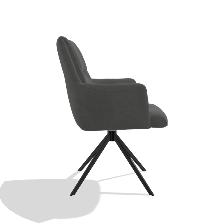 Silla de comedor con reposabrazos Flavia 6694 en tela Bull 67 (gris oscuro), base giratoria en negro, vista lateral