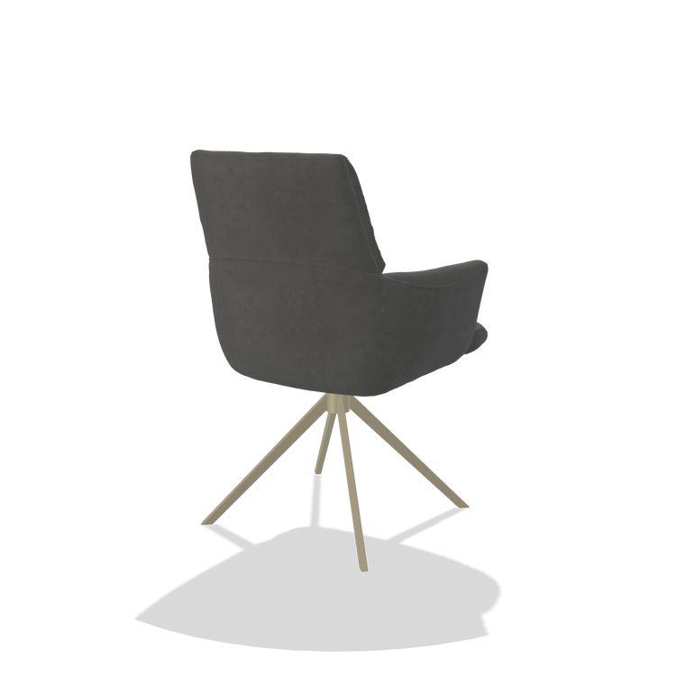 Silla de comedor con reposabrazos Flavia 6694 en tela Bull 67 (gris oscuro), base giratoria en champán, vista trasera en ángulo