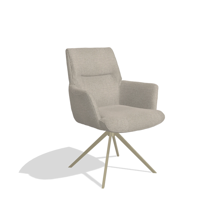 Sedia da pranzo con braccioli Flavia 6694 in tessuto Glory 05 (greige), base girevole in champagne, vista angolata