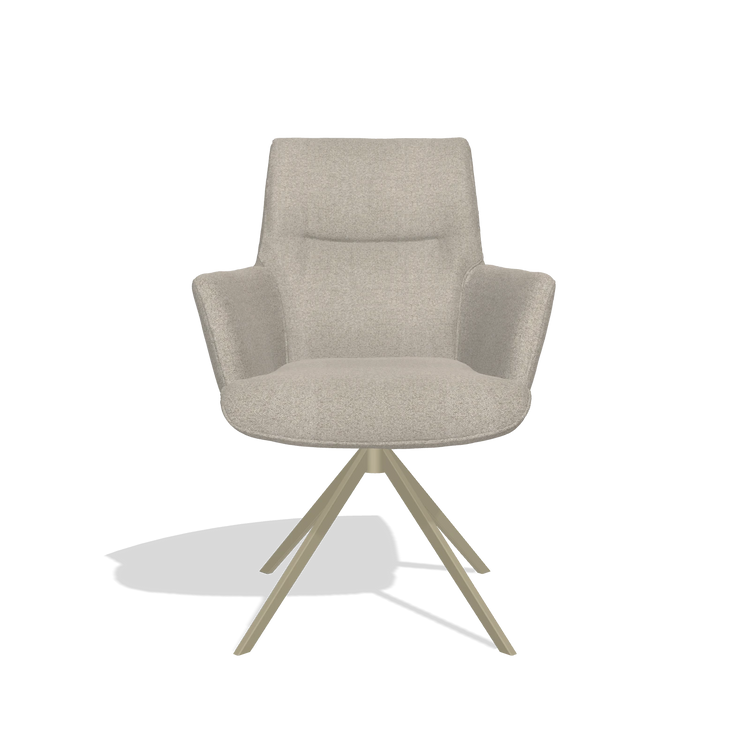 Sedia da pranzo con braccioli Flavia 6694 in tessuto Glory 05 (greige), base girevole in champagne, vista frontale