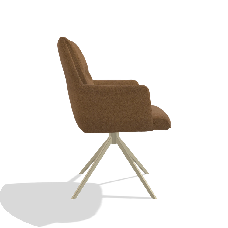 Sedia da pranzo con braccioli Flavia 6694 in tessuto Glory 16 (marrone), base girevole in champagne, vista laterale