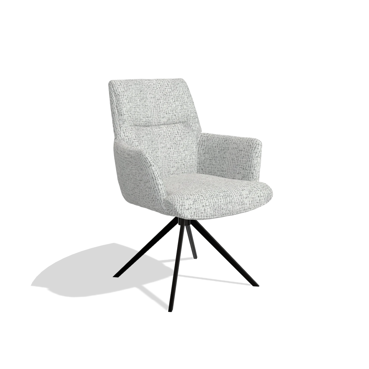 Dining Chair with Armrests Flavia 6694 in Horta 101 fabric (light grey), black swivel base, angled view