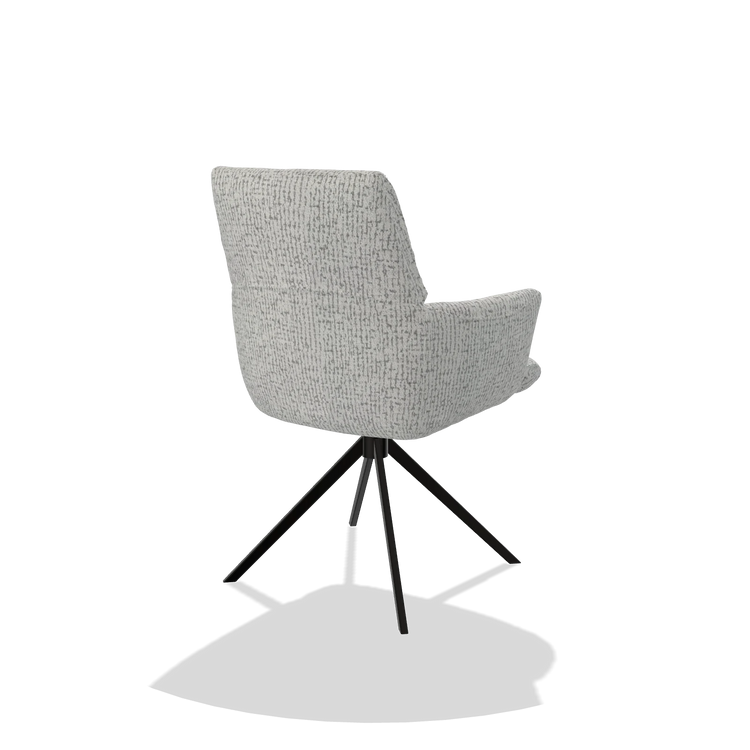 Dining Chair with Armrests Flavia 6694 in Horta 101 fabric (light grey), black swivel base, back angled view