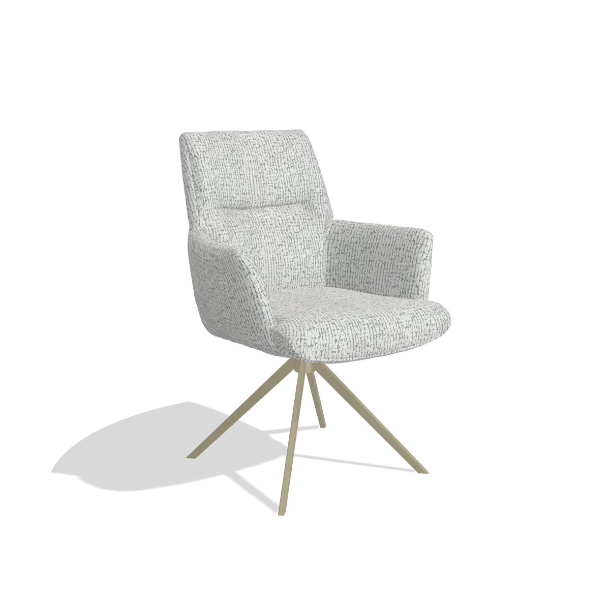 Dining Chair with Armrests Flavia 6694 in Horta 101 fabric (light grey), champagne swivel base, angled view