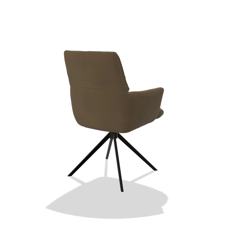 Dining Chair with Armrests Flavia 6694 in Leather A802 (olive), black swivel base, back angled view