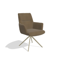 Dining Chair with Armrests Flavia 6694 in Leather A802 (olive), champagne swivel base, angled view