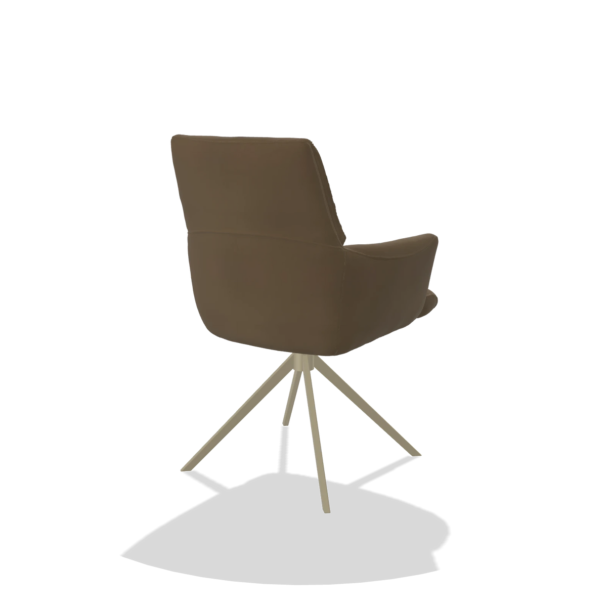 Dining Chair with Armrests Flavia 6694 in Leather A802 (olive), champagne swivel base, back angled view