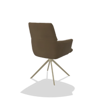 Dining Chair with Armrests Flavia 6694 in Leather A802 (olive), champagne swivel base, back angled view
