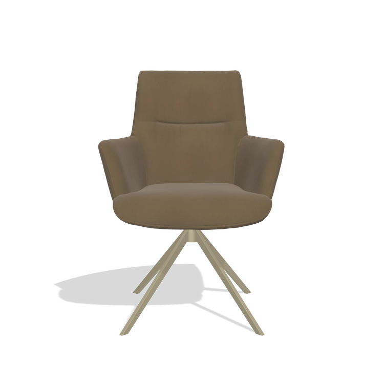 Dining Chair with Armrests Flavia 6694 in Leather A802 (olive), champagne swivel base, front view