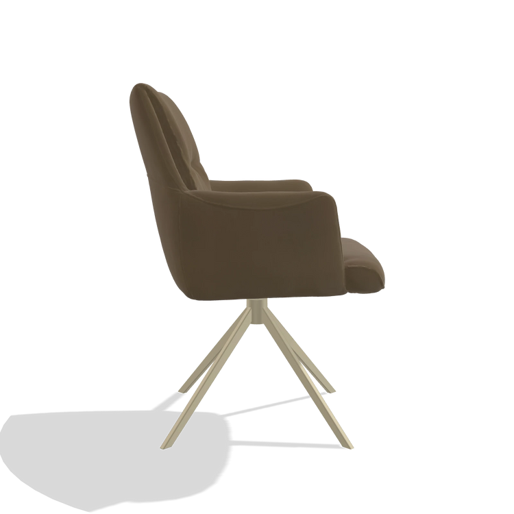 Dining Chair with Armrests Flavia 6694 in Leather A802 (olive), champagne swivel base, side view