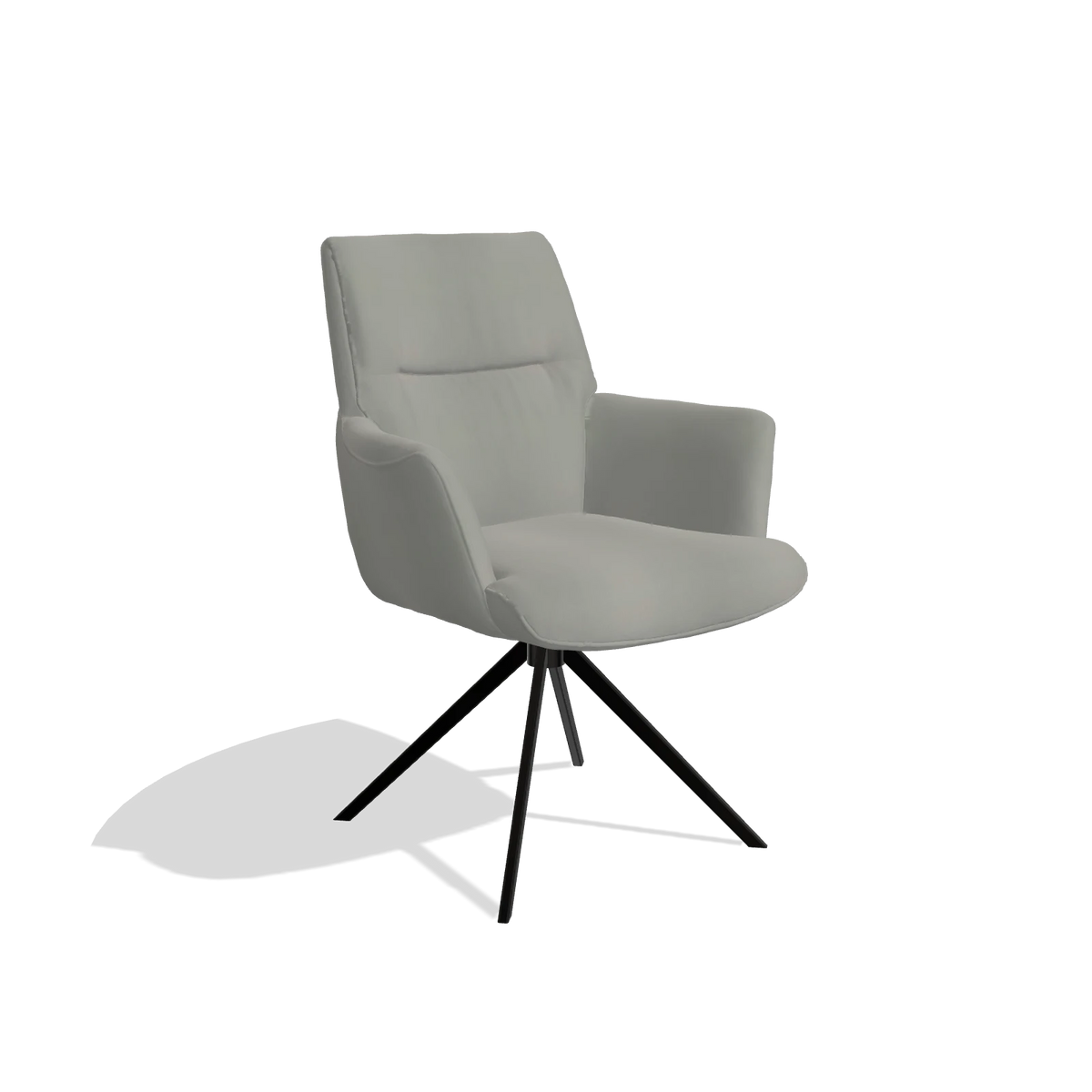 Chaise de salle à manger avec accoudoirs Flavia 6694 en Cuir B967 (grège), pied pivotant en noir, vue de trois-quarts