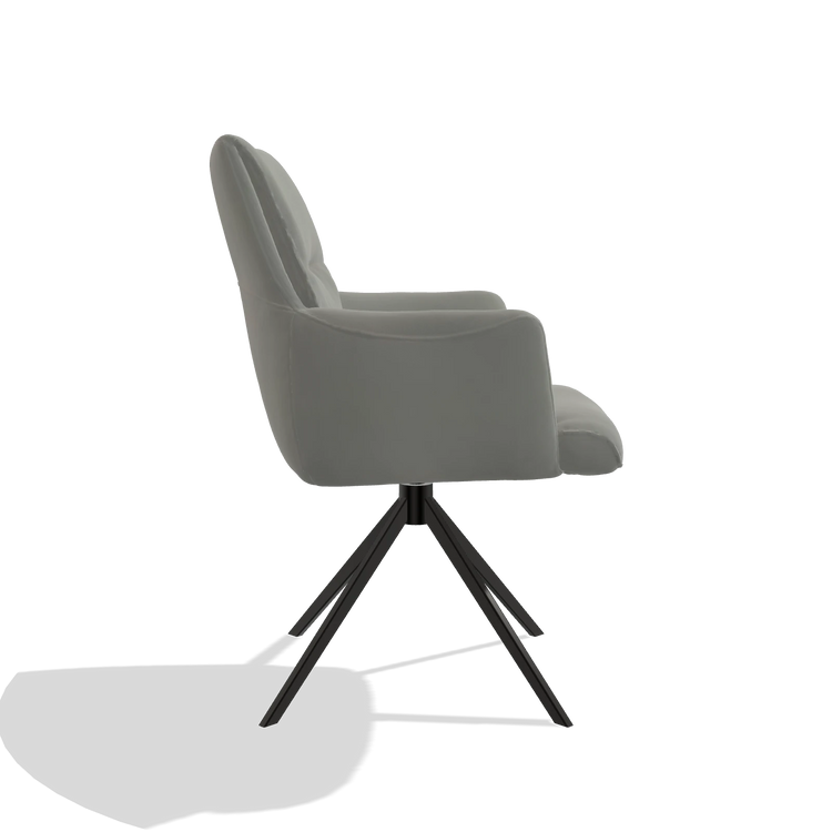 Chaise de salle à manger avec accoudoirs Flavia 6694 en Cuir B967 (grège), pied pivotant en noir, vue de profil