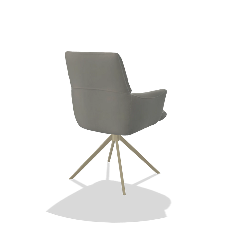 Chaise de salle à manger avec accoudoirs Flavia 6694 en Cuir B967 (grège), pied pivotant en champagne, vue de trois-quarts arrière