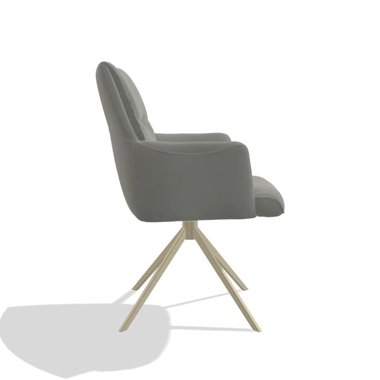 Chaise de salle à manger avec accoudoirs Flavia 6694 en Cuir B967 (grège), pied pivotant en champagne, vue de profil