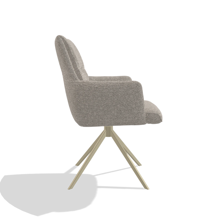 Dining Chair with Armrests Flavia 6694 in Mito 180 fabric (greige), champagne swivel base, side view