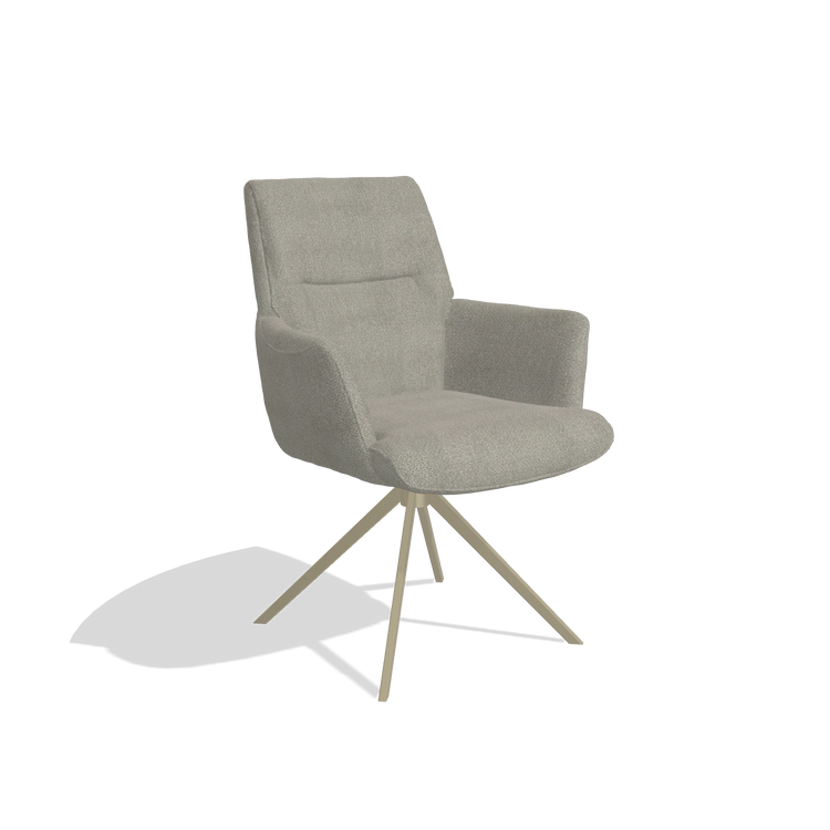Dining Chair with Armrests Flavia 6694 in Rhythm 84 fabric (grey), champagne swivel base, angled view