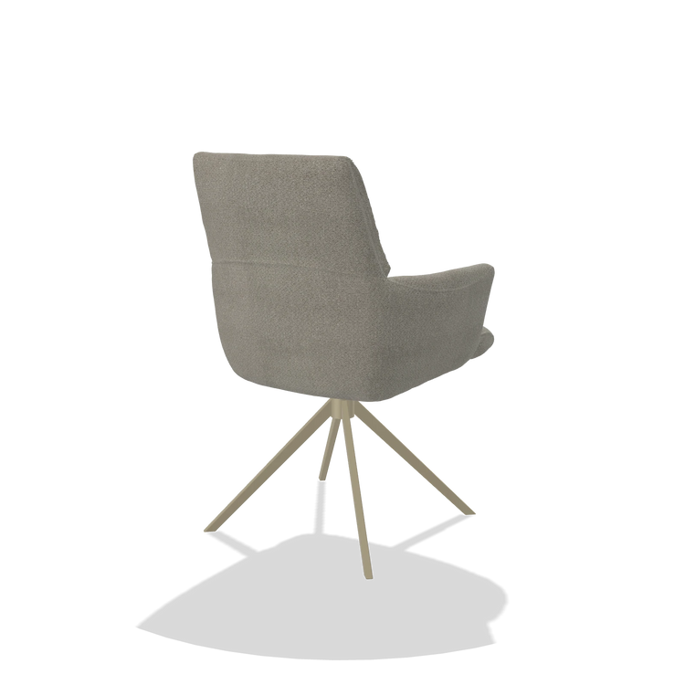 Dining Chair with Armrests Flavia 6694 in Rhythm 84 fabric (grey), champagne swivel base, back angled view