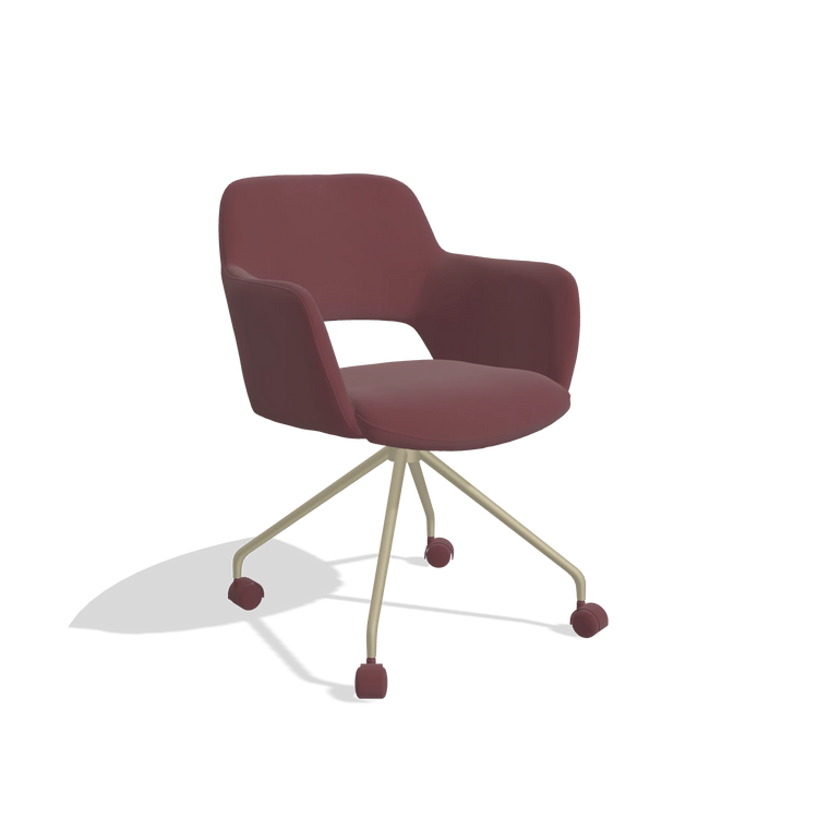 Silla de comedor Jolly 6517 en Piel B554 (marrón), patas en champán, vista en ángulo