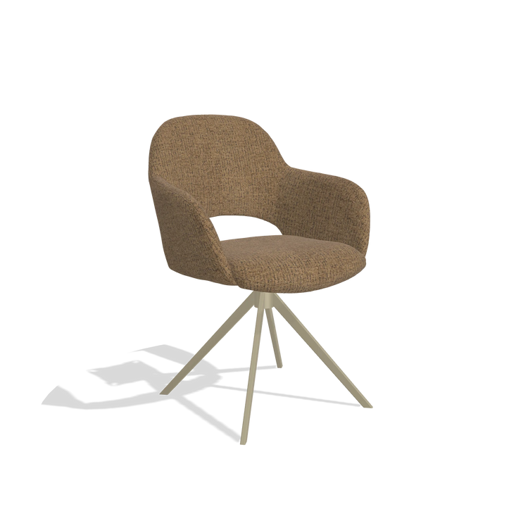 Dining Chair Julien 6585 in Horta 23 fabric (olive), champagne swivel base, angled view