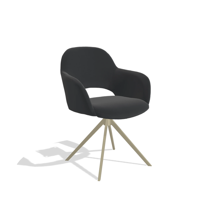 Dining Chair Julien 6585 in Leather B500 (black), champagne swivel base, angled view