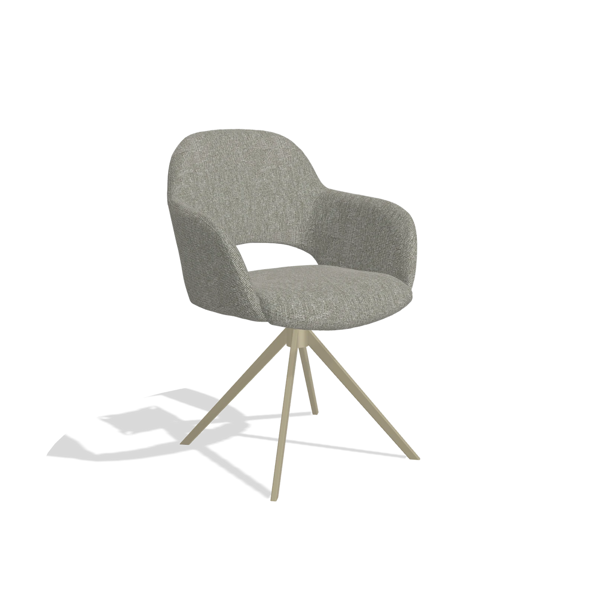Dining Chair Julien 6585 in Lodge 01 fabric (taupe), champagne swivel base, angled view