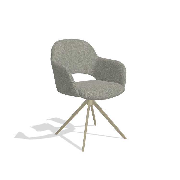 Dining Chair Julien 6585 in Lodge 01 fabric (taupe), champagne swivel base, angled view