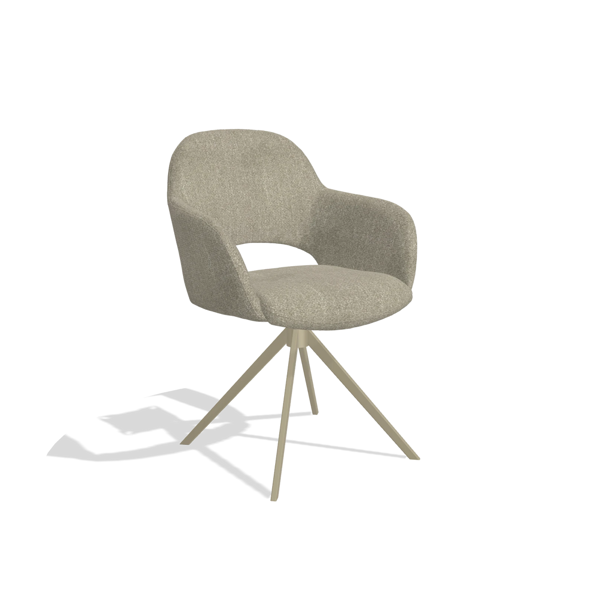 Dining Chair Julien 6585 in Rhythm 10 fabric (sage), champagne swivel base, angled view