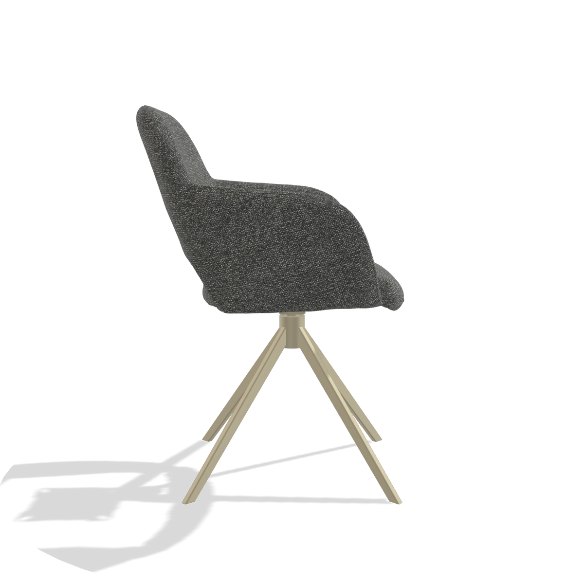 Silla de comedor Julien 6585 en tela Sneak 65 (gris oscuro), base giratoria en champán, vista lateral