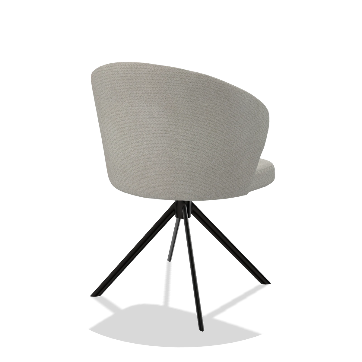 Silla de comedor Lazio 6511 en tela Rhythm 101 (greige), base giratoria en negro, vista trasera en ángulo