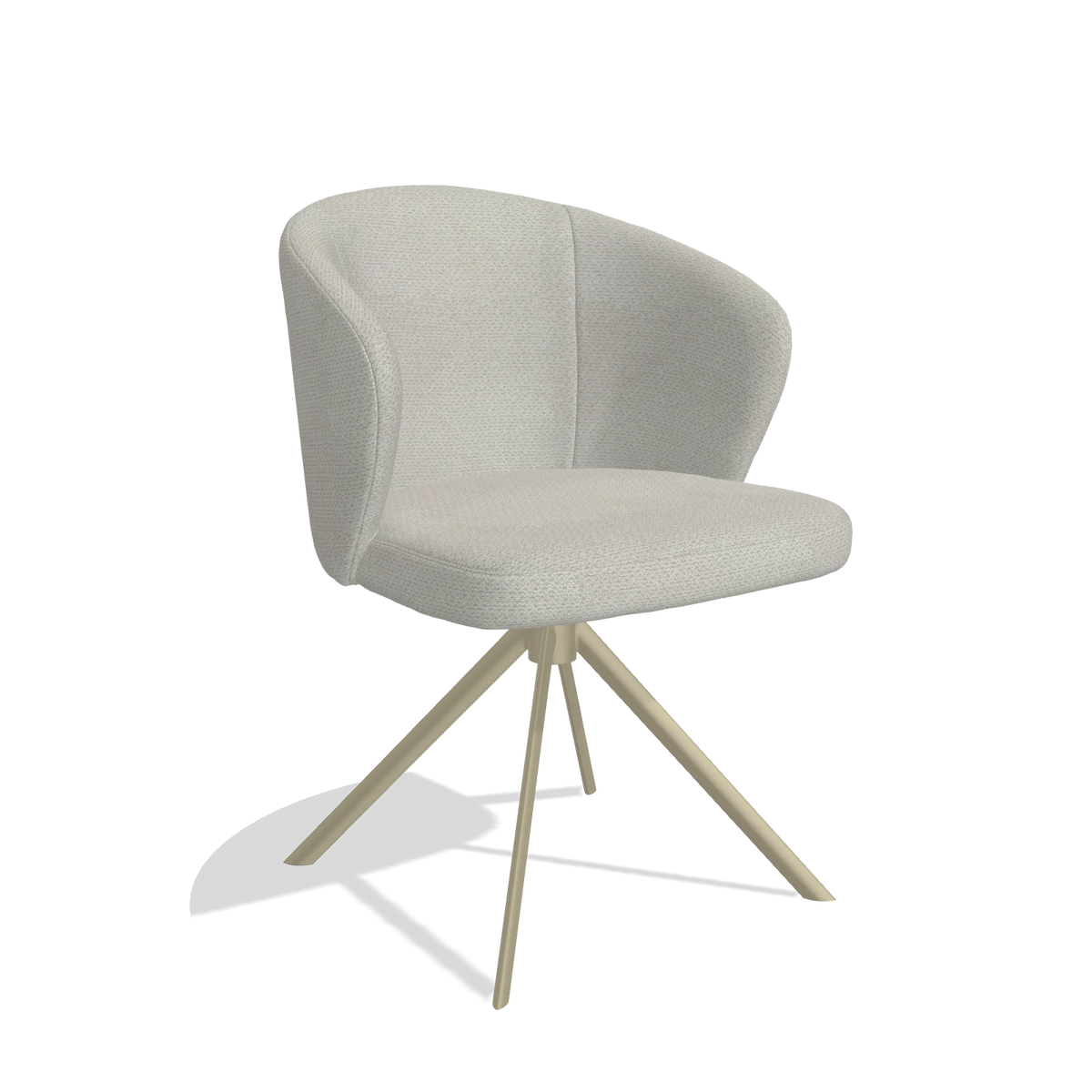 Silla de comedor Lazio 6511 en tela Rhythm 101 (greige), base giratoria en champán, vista en ángulo