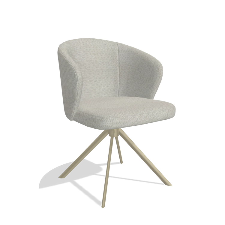 Silla de comedor Lazio 6511 en tela Rhythm 101 (greige), base giratoria en champán, vista en ángulo