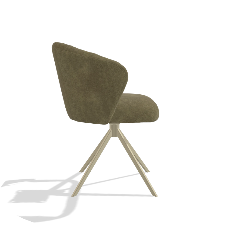 Dining Chair Lecce 6703 in Bull 59 fabric (olive), champagne swivel base, side view