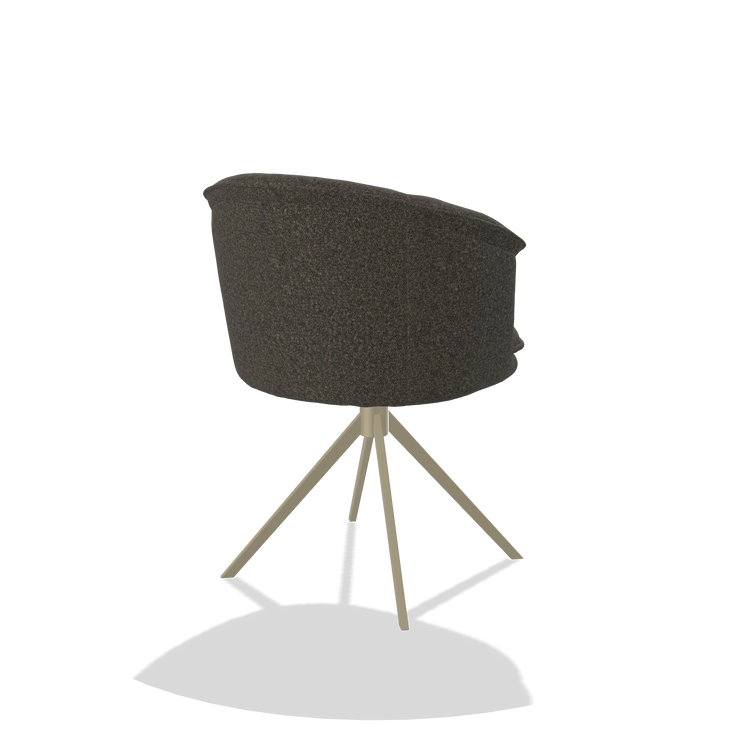 Silla de comedor Lena 6581 en tela Ascot Mouse (chocolate), base giratoria en champán, vista trasera en ángulo