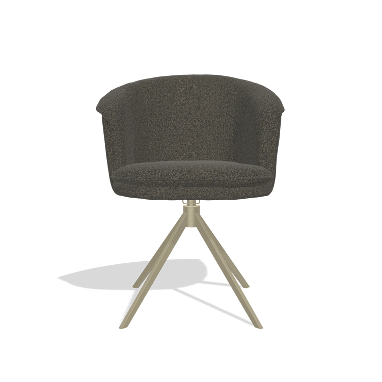 Silla de comedor Lena 6581 en tela Ascot Mouse (chocolate), base giratoria en champán, vista frontal