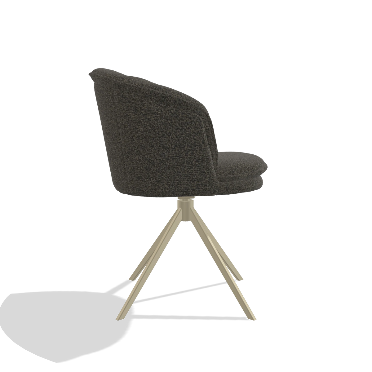 Silla de comedor Lena 6581 en tela Ascot Mouse (chocolate), base giratoria en champán, vista lateral