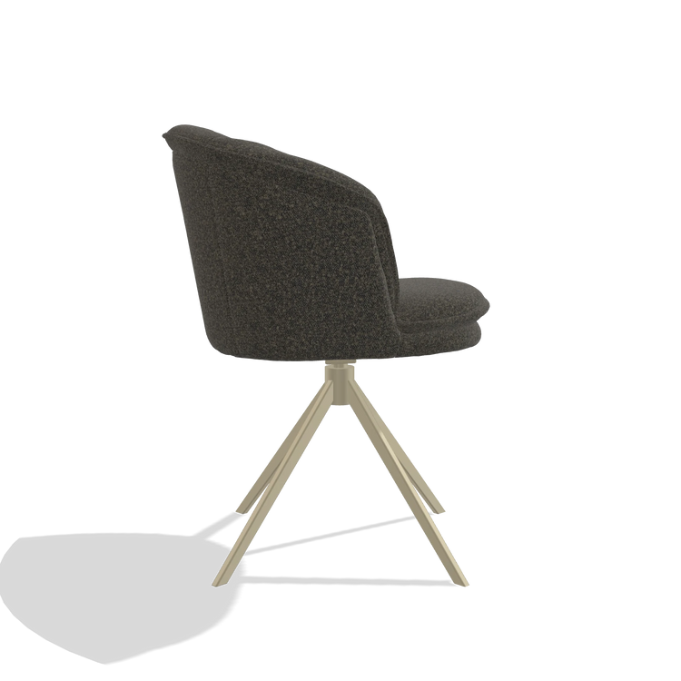 Silla de comedor Lena 6581 en tela Ascot Mouse (chocolate), base giratoria en champán, vista lateral