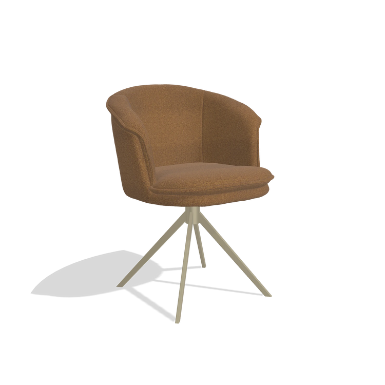 Silla de comedor Lena 6581 en tela Glory 16 (marrón), base giratoria en champán, vista en ángulo