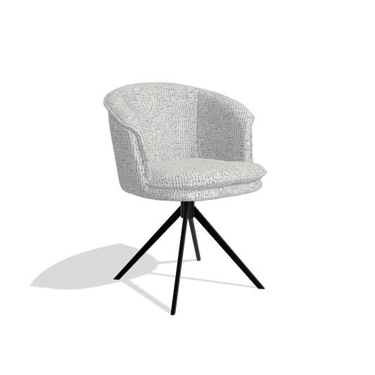 Chaise de salle à manger Lena 6581 en tissu Horta 101 (gris clair), pied pivotant en noir, vue de trois-quarts
