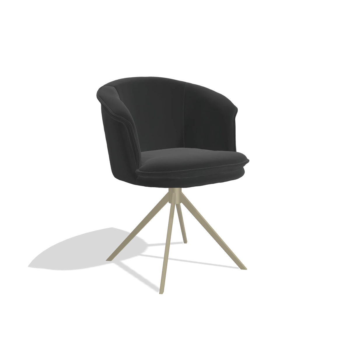 Sedia da pranzo Lena 6581 in Pelle A804 (nero), base girevole in champagne, vista angolata