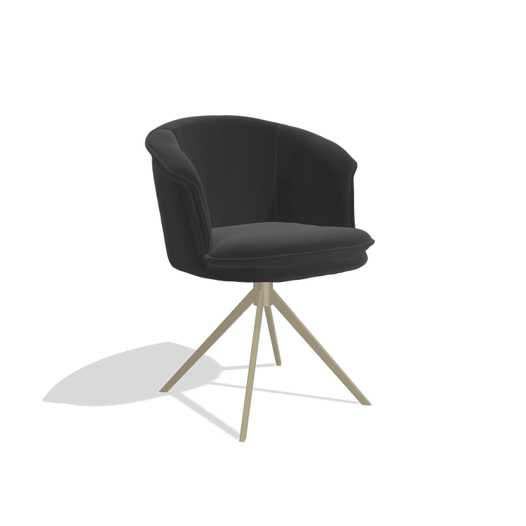Sedia da pranzo Lena 6581 in Pelle A804 (nero), base girevole in champagne, vista angolata